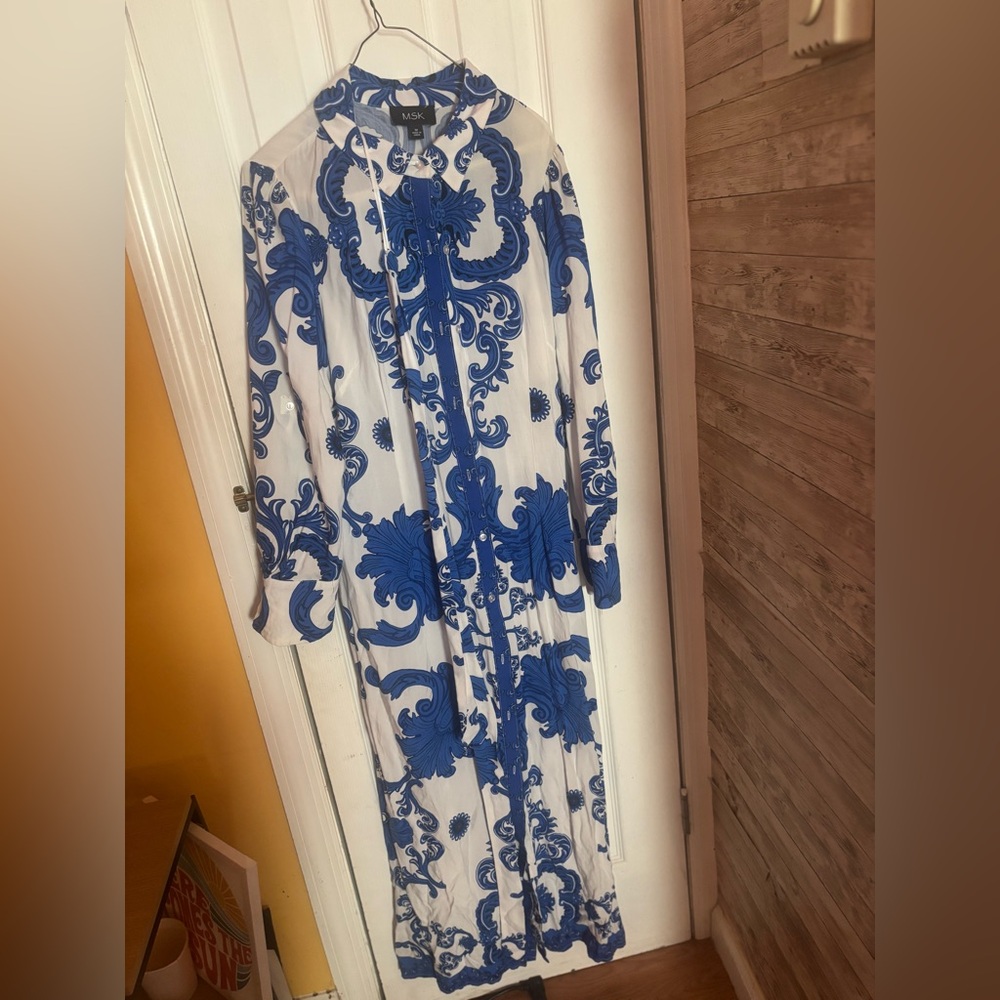 MSK Blue and White Long Sleeve Dress